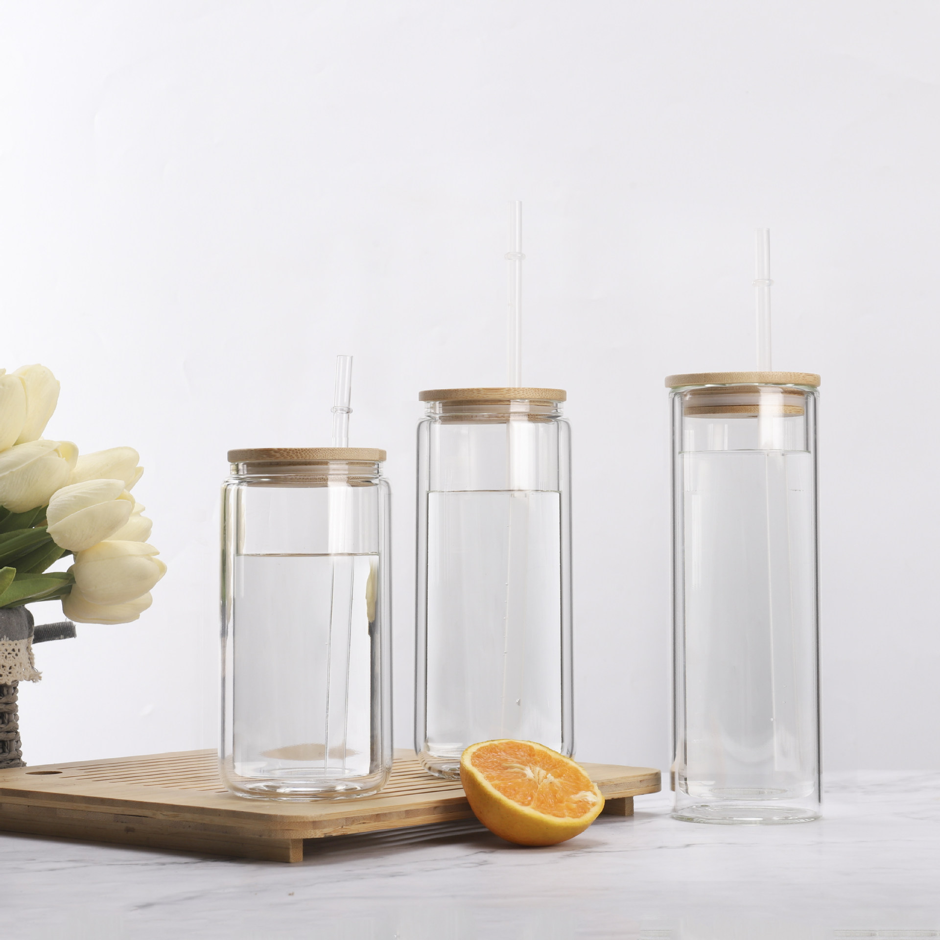Glass Water Glasses with Straw Beer Travel Straight Glass Cans Sublimation Flask Water Bottle Blank Tumbler