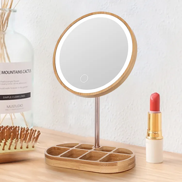 New Arrival Led Wooden Makeup Mirror Premium Desktop Round Table Wood Frame Wooden Mirror Drawer Locker Combined Dresser