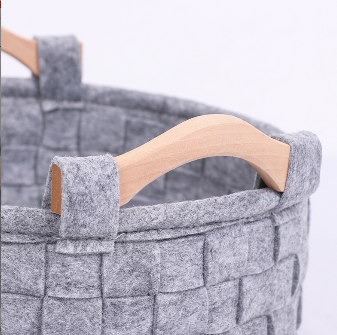 Closet Organizers And Felt Storage Baskets with Wooden Handles Clothes Toys Books Open Bin Baskets Soft Felt Storage Basket