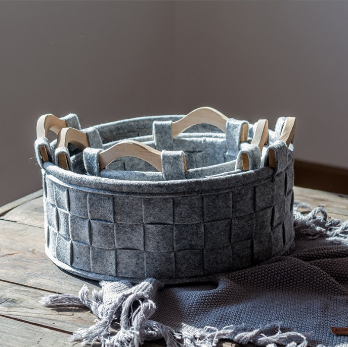 Closet Organizers And Felt Storage Baskets with Wooden Handles Clothes Toys Books Open Bin Baskets Soft Felt Storage Basket